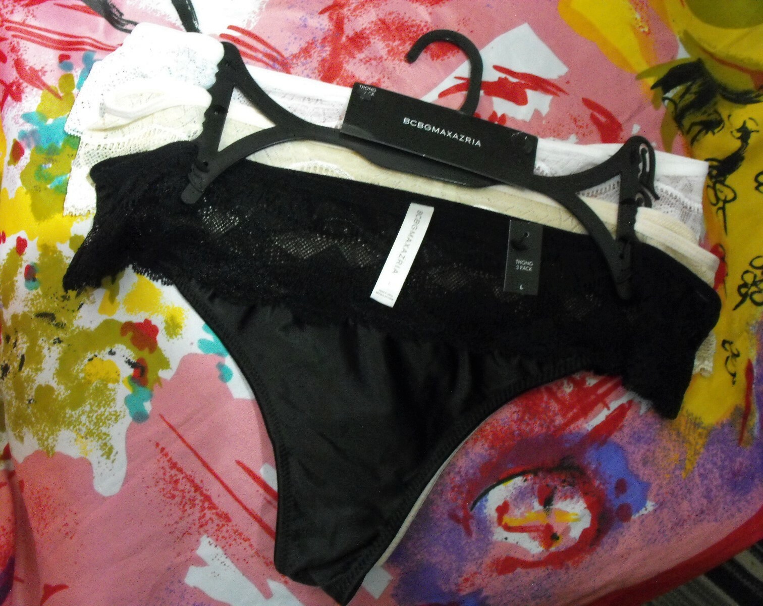 3 NEW BCBGMAXAZRIA MAP0009 SATIN MICROFIBER & LACE THONG PANTIES L