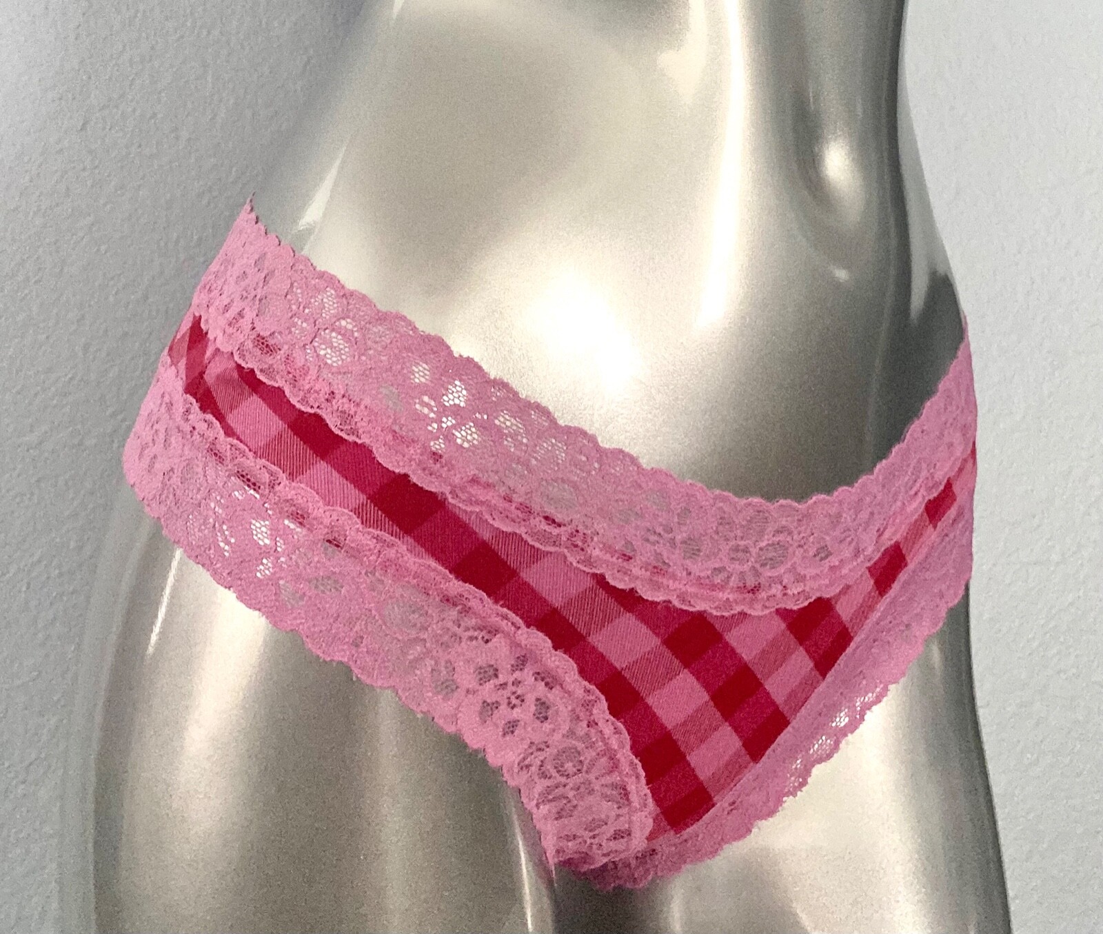 Victoria’s Secret Cheeky Panty Pink Red Plaid Check Cotton Blend Lace M L XL