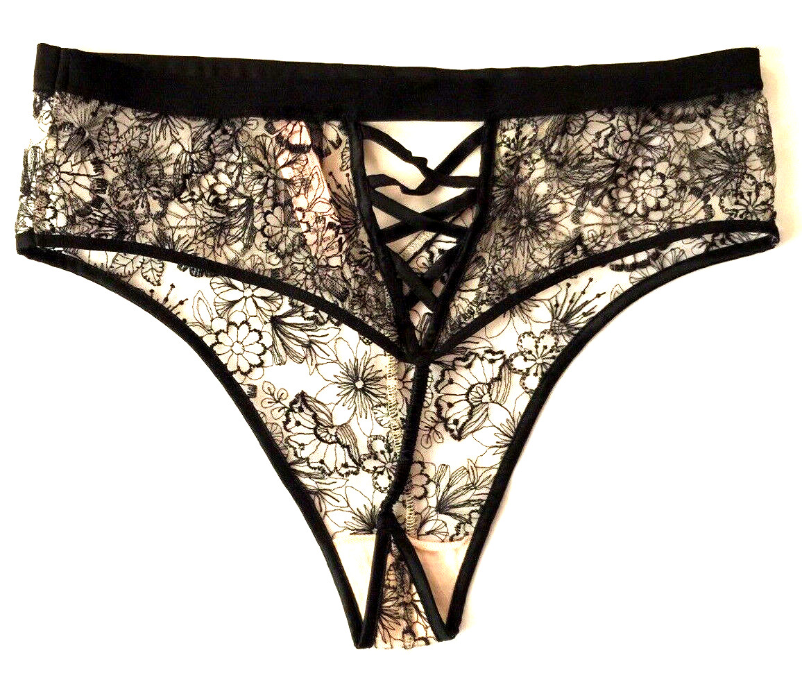 Victorias Secret Black Embroidered High Waist Thong Panty Size M Floral Lace-Up