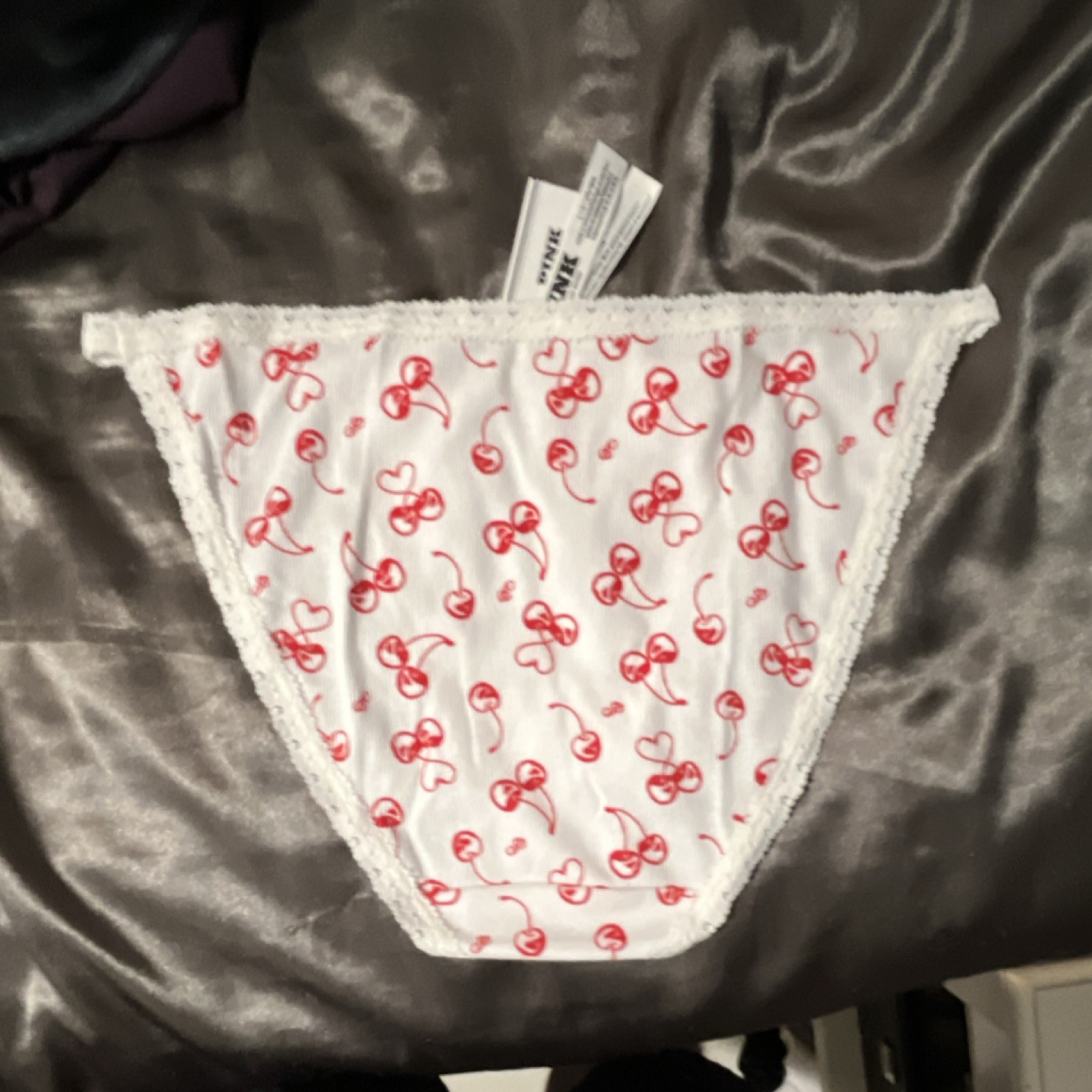 PINK Women’s Bikini Panties White Red Cherry Print Cotton Size L Stretch