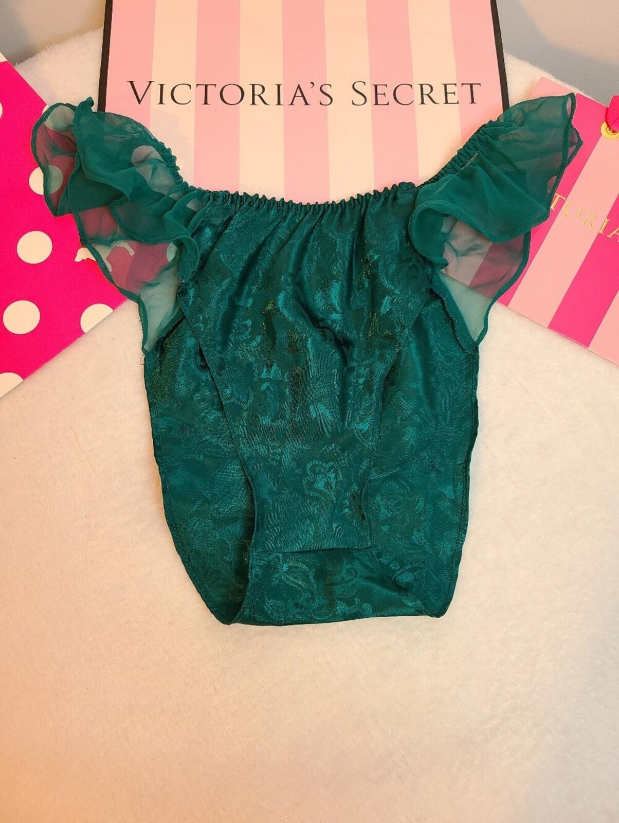 VTG Victoria’s Secret Jacquard Satin Chiffon Flutter Hi-cut Bikini Panty Sm