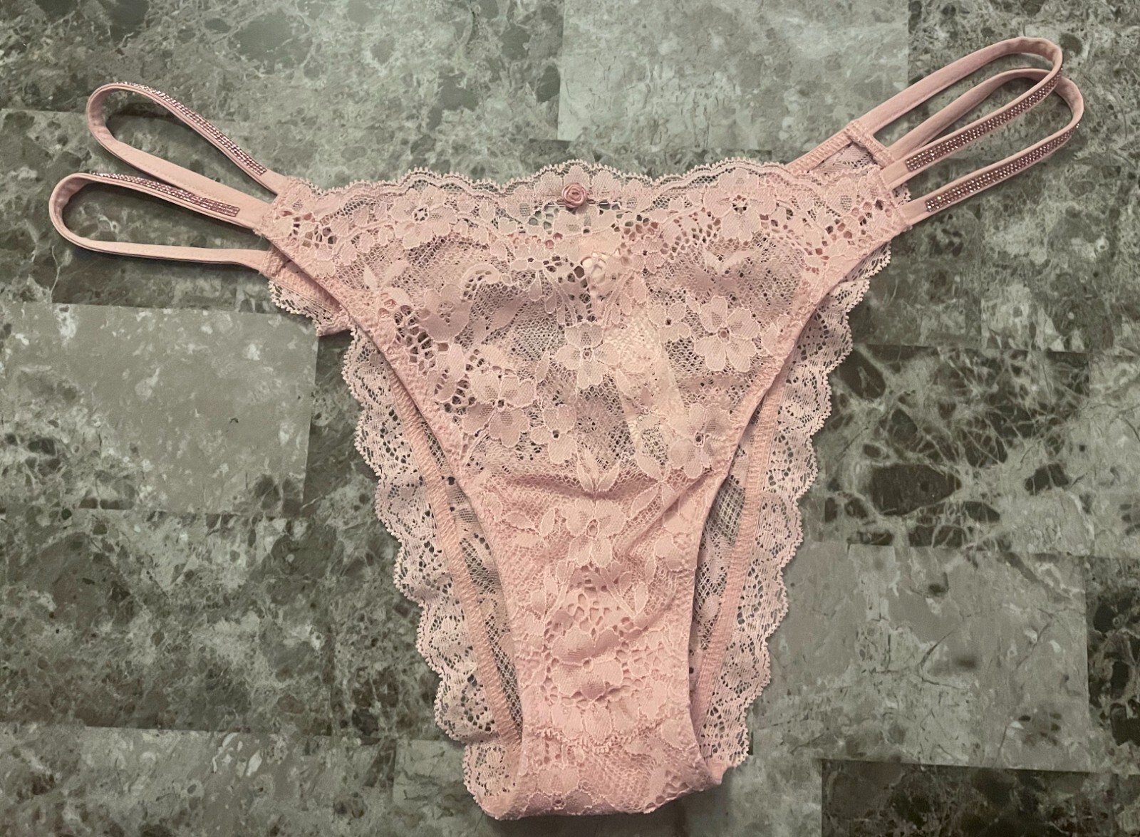 VICTORIA’S SECRET PINK ROSE APPLIQUE LACE SHINE STRAP STRAPPY BRAZILIAN PANTIES