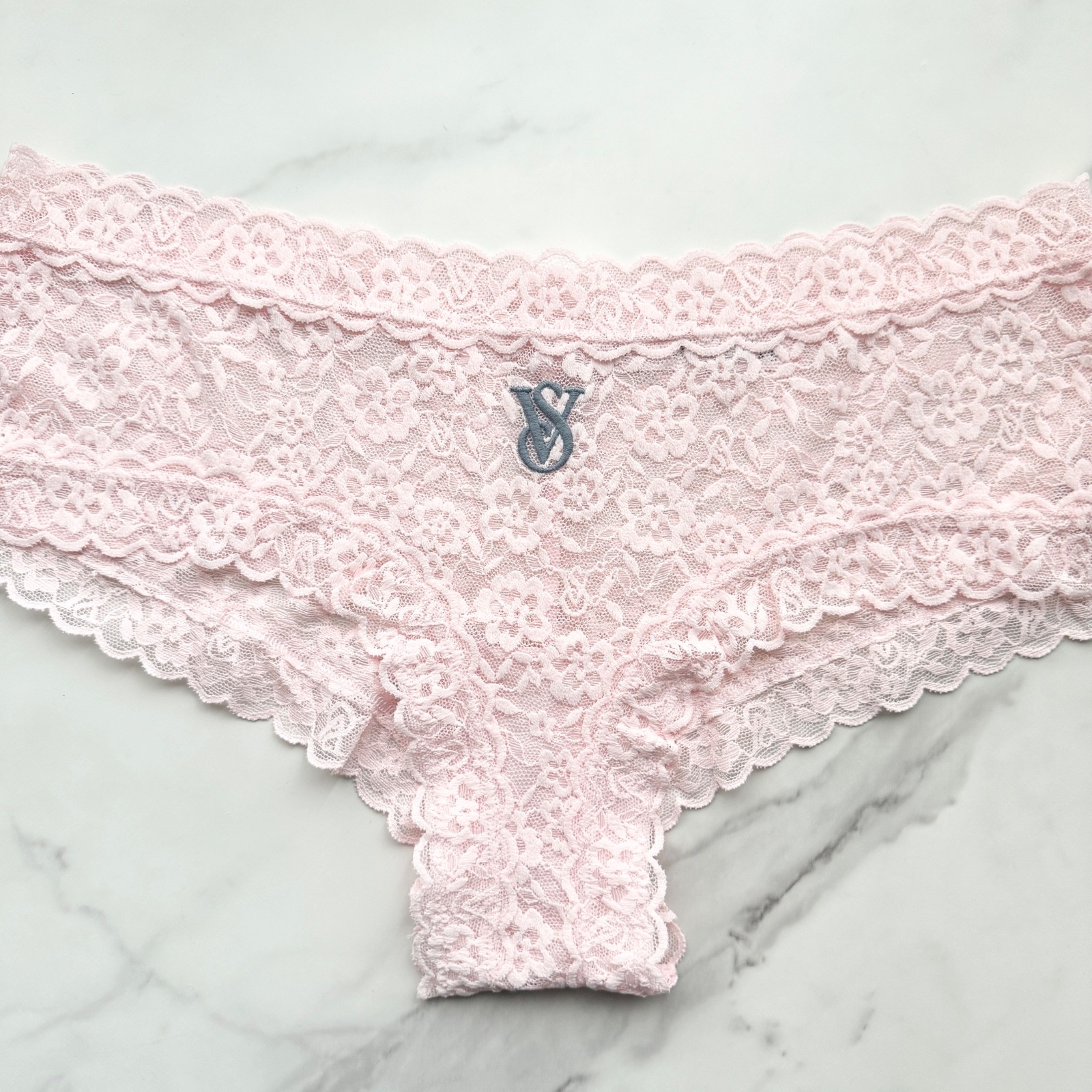 Victoria’s Secret The Lacie Lace Cheeky Panty Pink Logo Embroidery Size XL