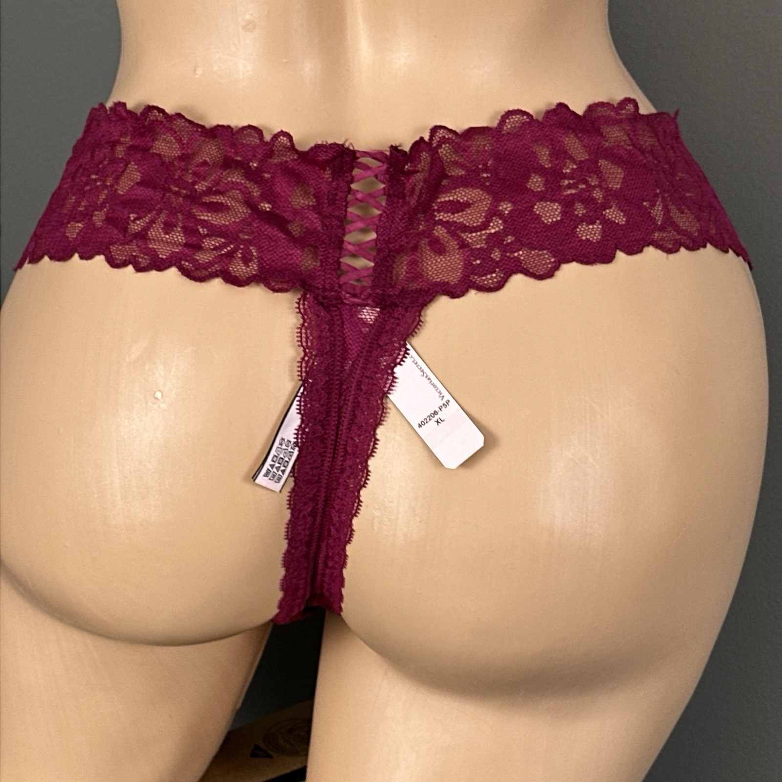 Victoria’s Secret Thong Panty Wide Lace Faux Corset Tie Up Size XL New NWT Pink
