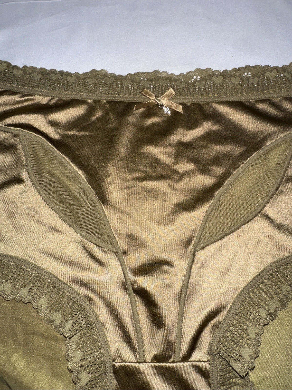 ~Shiny Large Olive with Gem Nylon Lace Blended Panties W/Bow and Gem New Size L