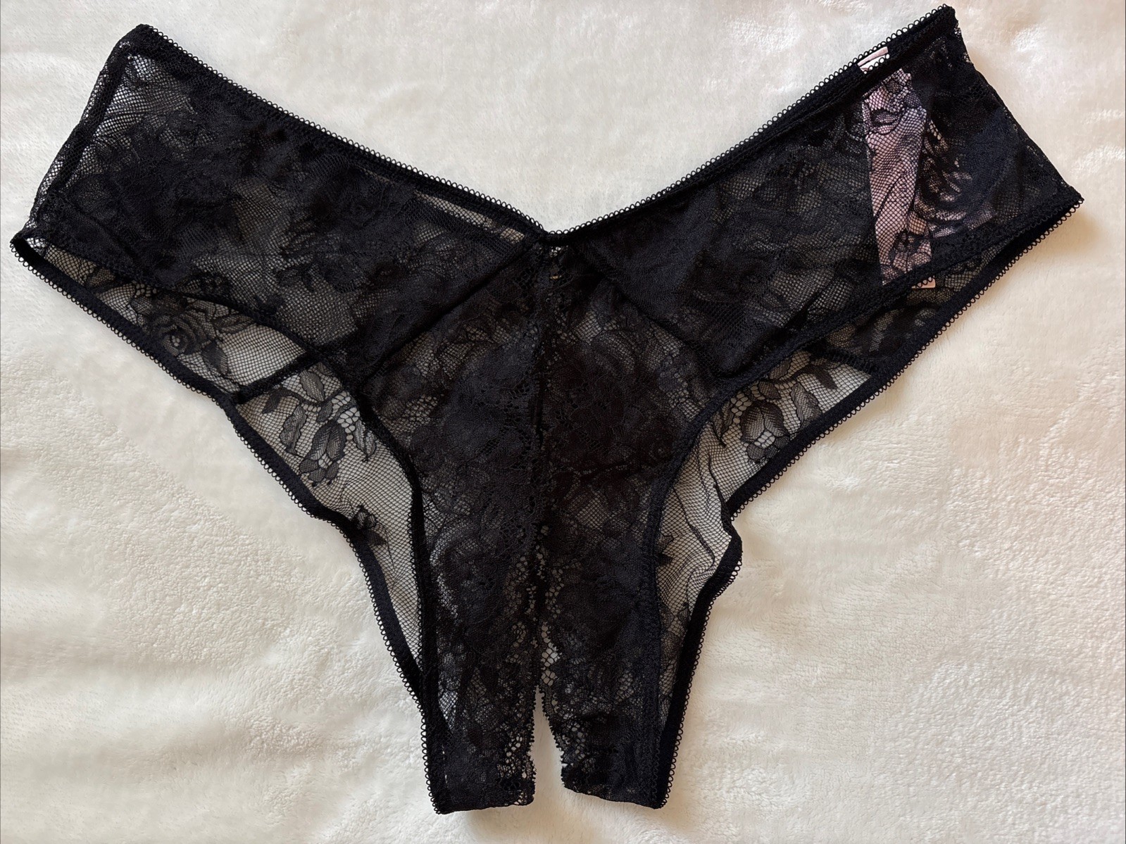 Victoria’s Secret Panties High Leg Cheeky Panty Black Floral Lace Crotchless XL