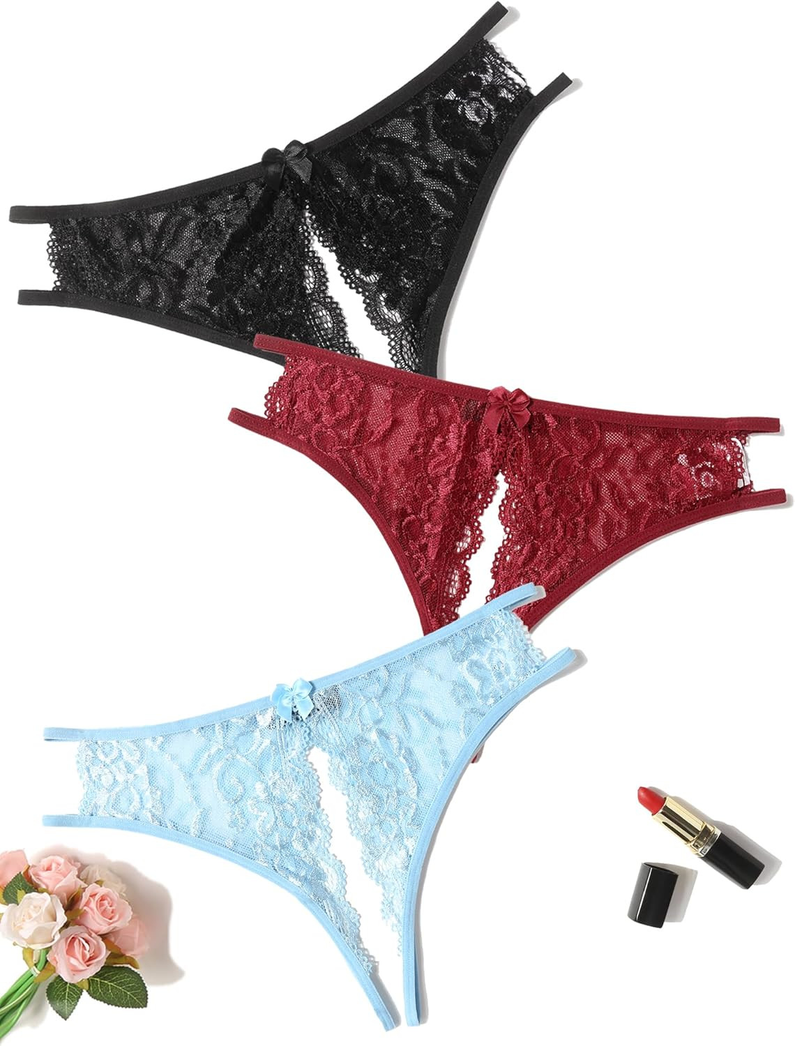 Women Lace Panties Sexy Underwear Floral Lace Briefs with Cute Bow Center