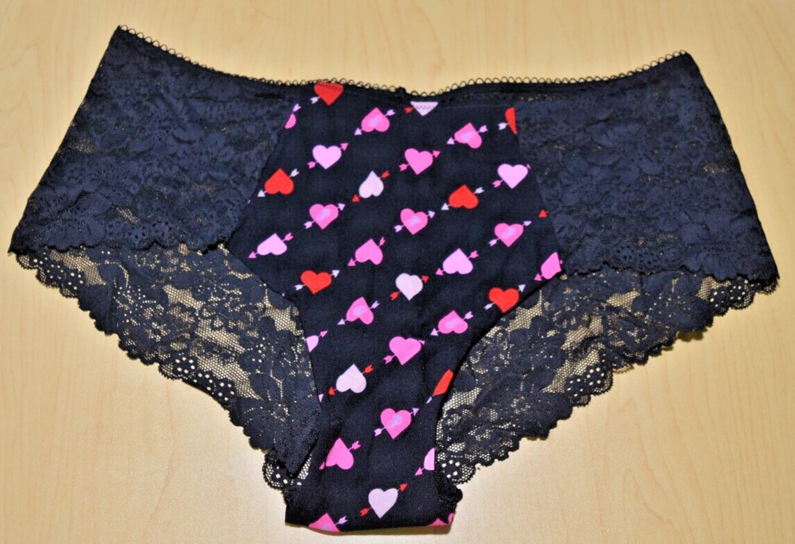 NWT Victorias Secret Pink Multicolor Hearts Lace Cheeky Panty Black L Large