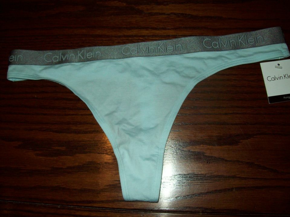 NWT CALVIN KLEIN COTTON THONG PANTIES QD3539 450 LOGO WAISTBAND AQUA M L