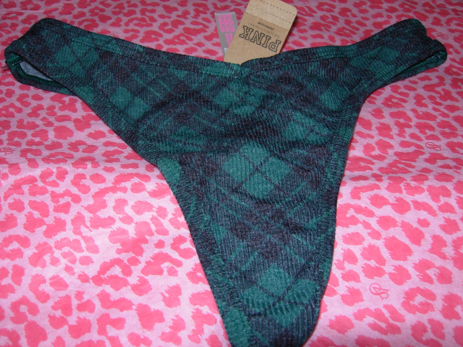 Victoria’s Secret PINK Christmas Plaid Thong String V-Cut LOGO Garnet Green NWT