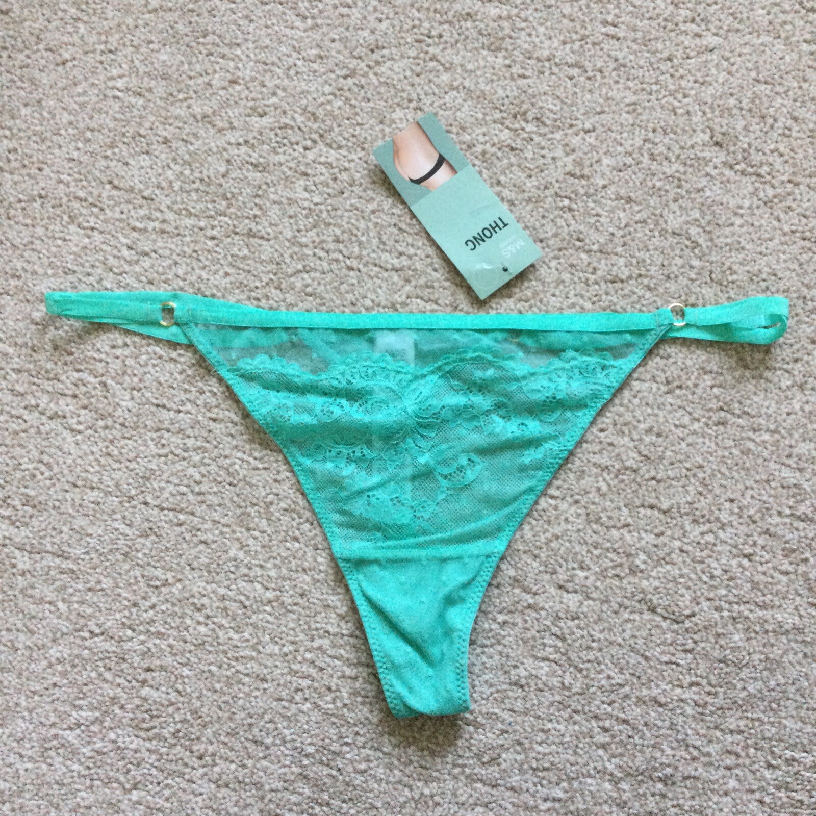 M&S Size 16 Ladies Lace Mesh Thong Knickers Light Jade Green Gold Ring Detail