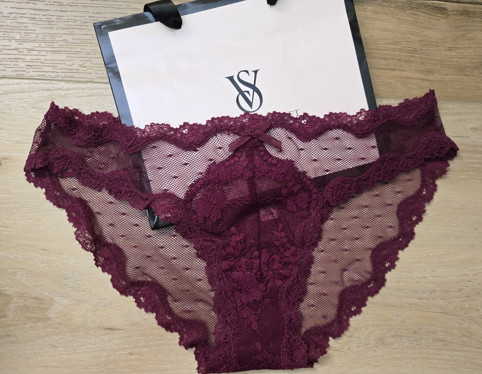 Victoria’s Secret Dream Angels Purple Sheer Mesh Lace Cheekini Panties Bow S