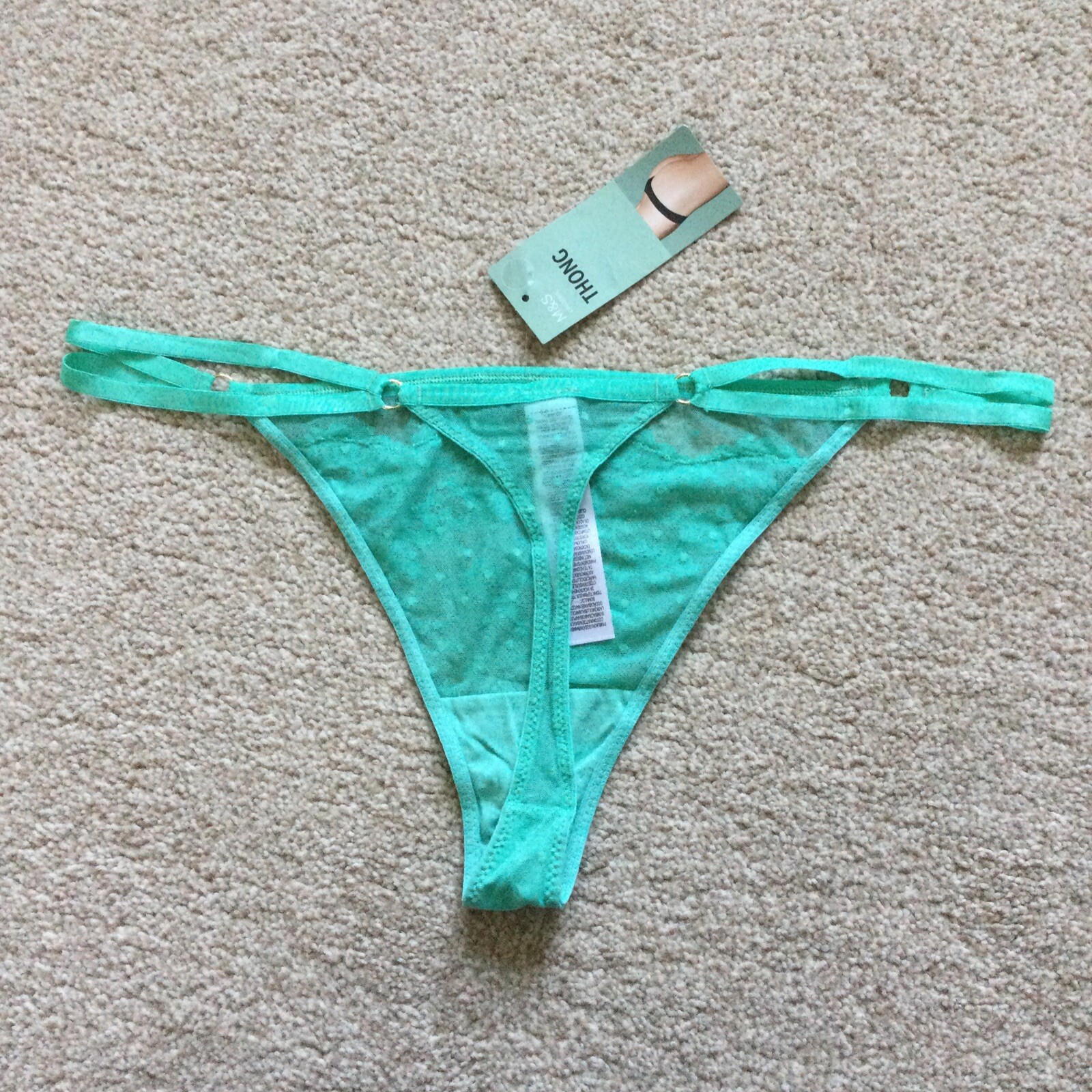 M&S Size 16 Ladies Lace Mesh Thong Knickers Light Jade Green Gold Ring Detail