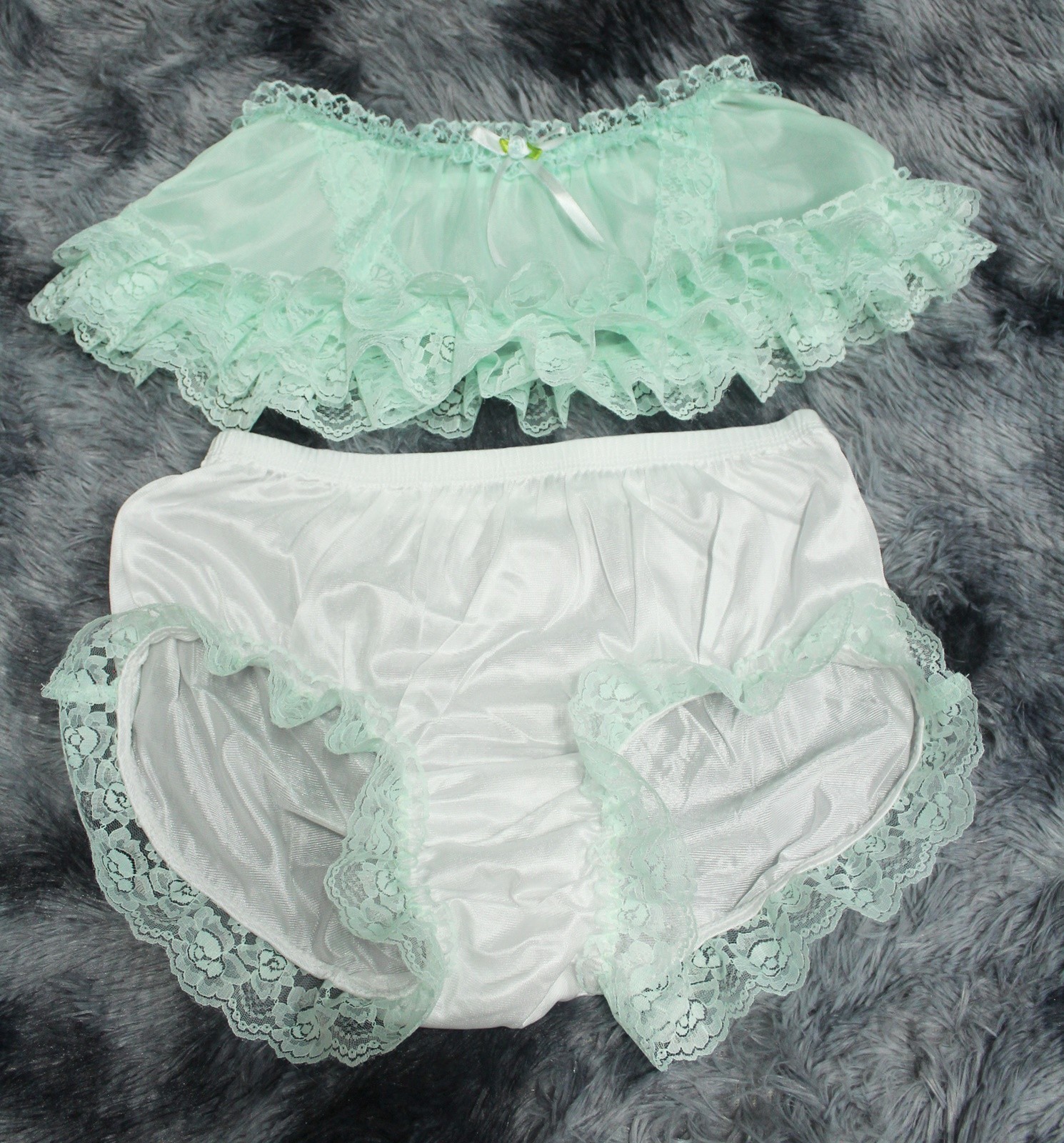 #A324 2XL/ElasticW.24-42″ Vintage Style 2PCS Green Nylon Half Slip + White Brief