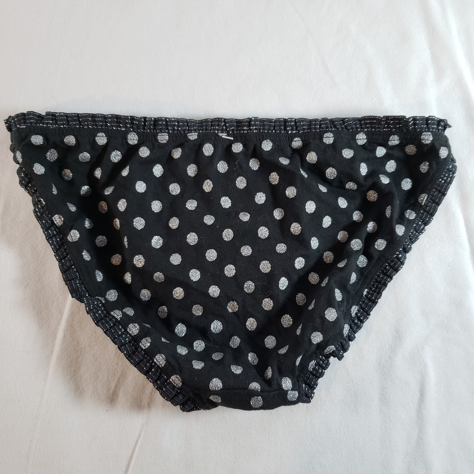 Victoria’s Secret Pleated Ruffle String Bikini Small Black Silver Polka Dot