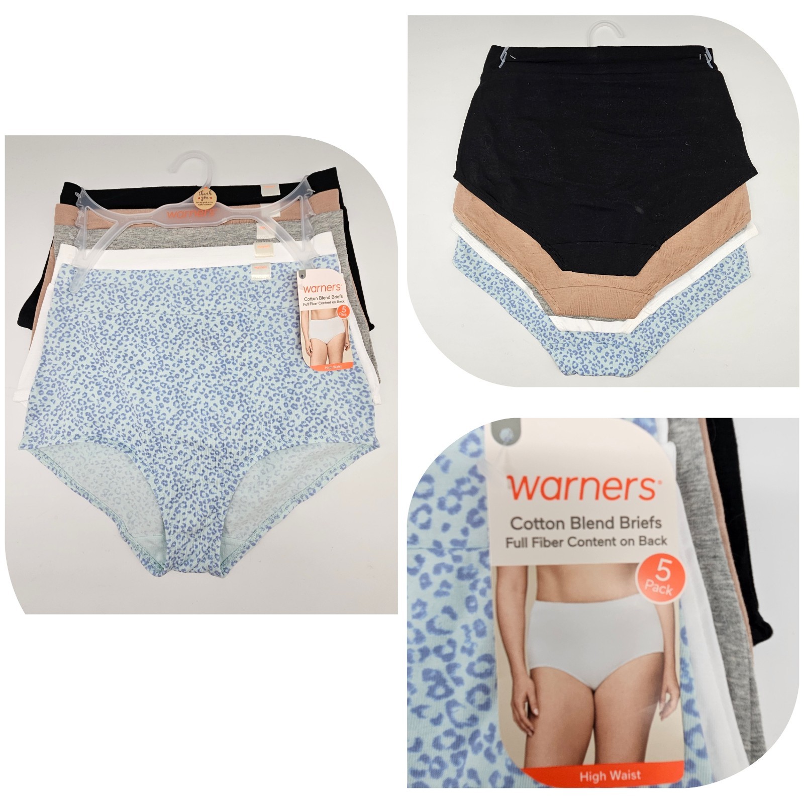 WARNERS 5 Pk Womens S M L XL Wide Waistband Cotton Briefs Black Beige Gray White