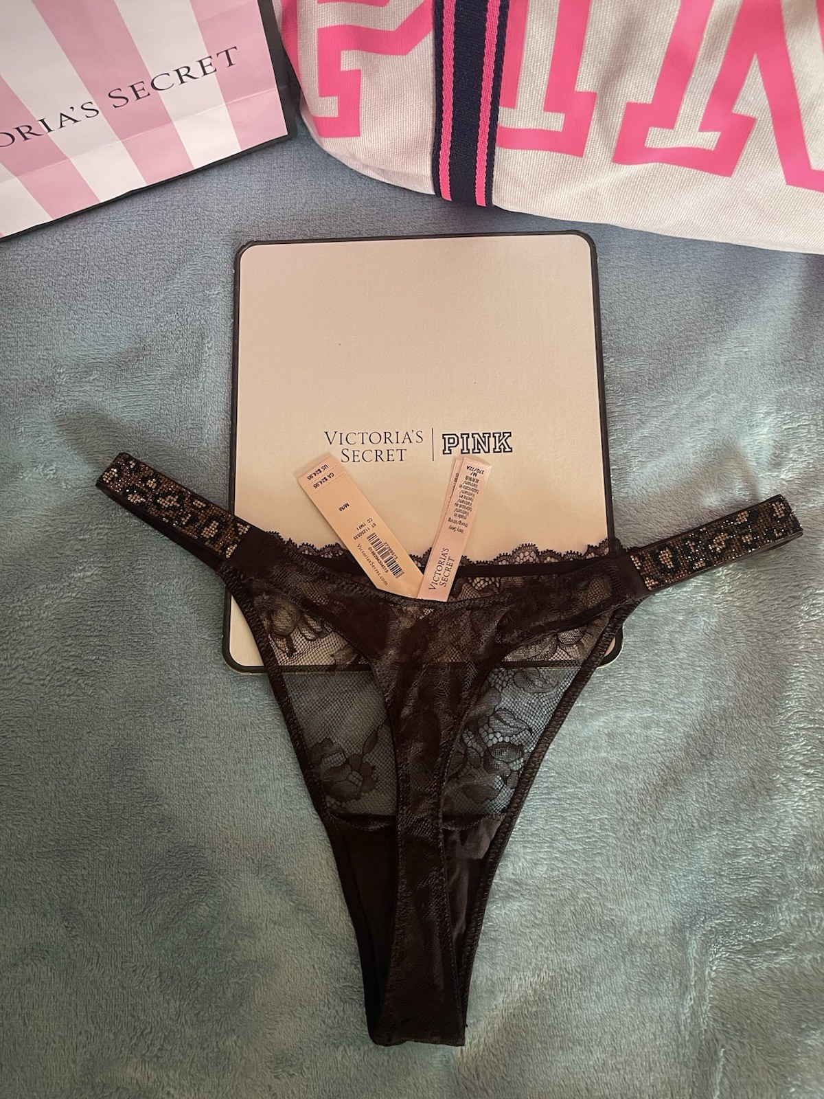 Victoria’s Secret Dark Brown Lace Shine Strap Thong Panty Medium