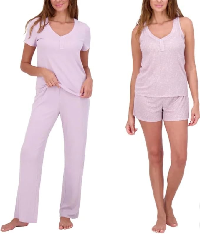Live 2 Lounge Women’s 4 Piece Pointelle Lounge Wear Pajama Set, Purple, Small