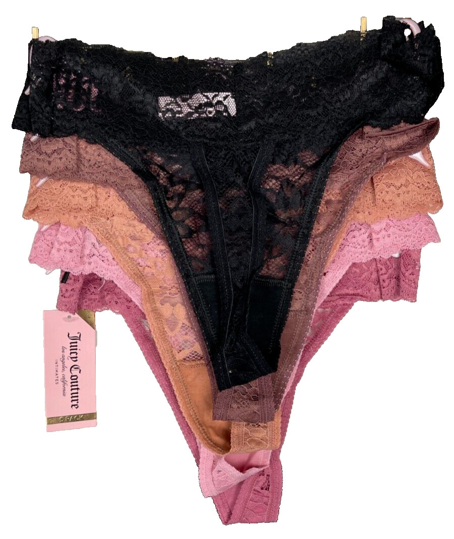 Juicy Couture L Lace Pink-Brown Array Of Colors Logo No-Line Thong Panties-5 Pk
