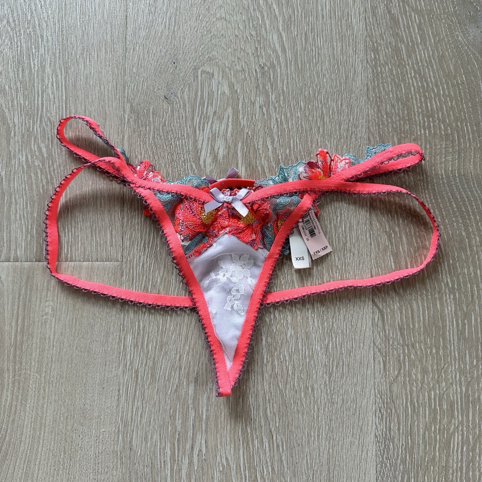 NWT VS For Love and Lemons strappy poppy floral lace v string neon Pink XXS 2XS
