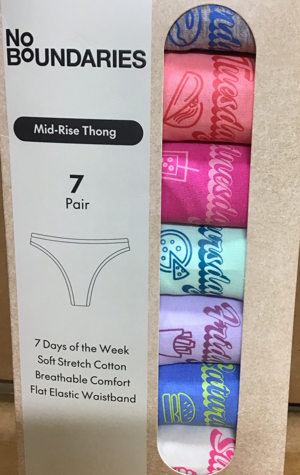 No Boundaries Mid Rise Thong Underwear Womens Cotton 7 Days Of The Week E23
