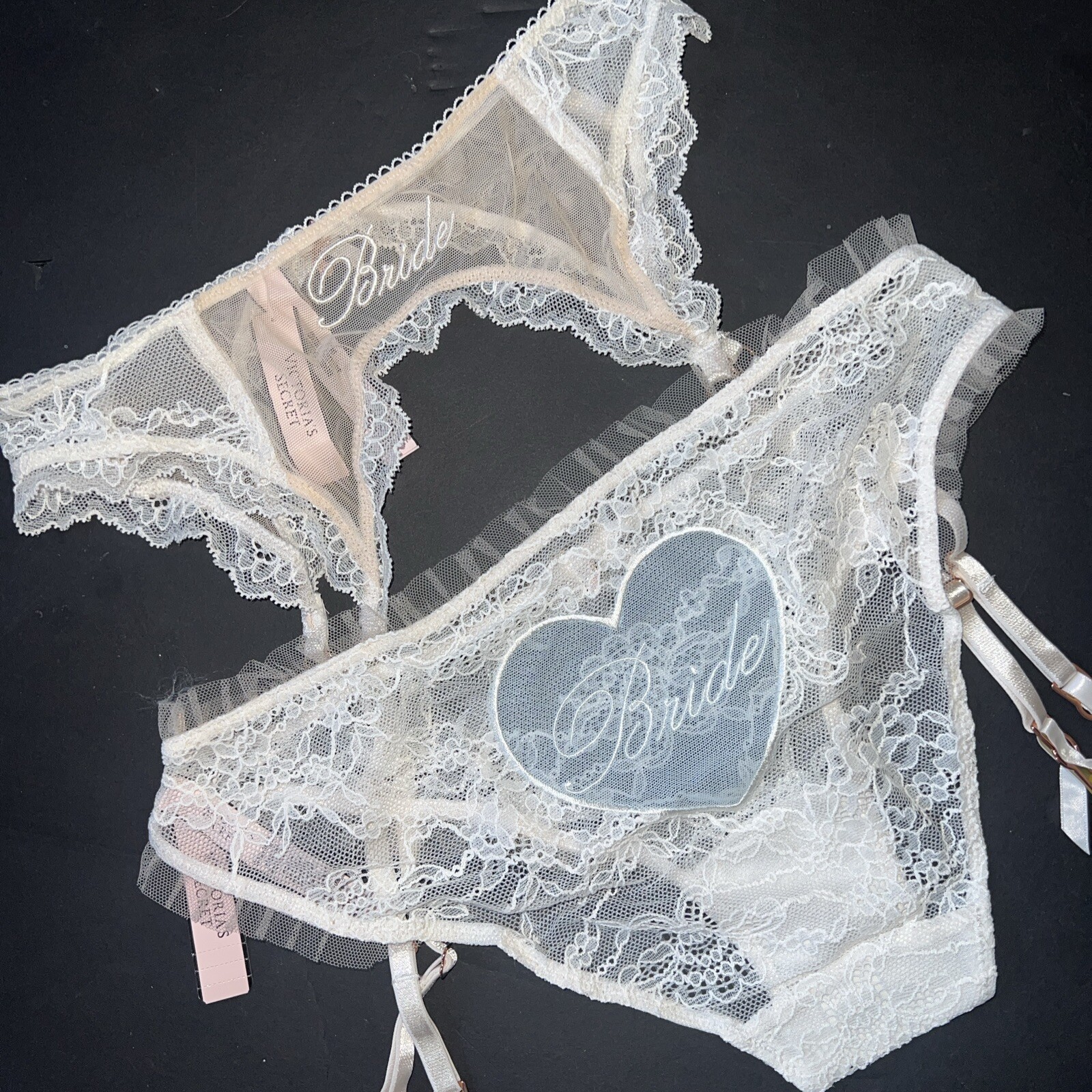 Victoria’s Secret S THONG+panty+GARTER BEIGE WHITE FLORAL EMBROIDERY I DO BRIDE
