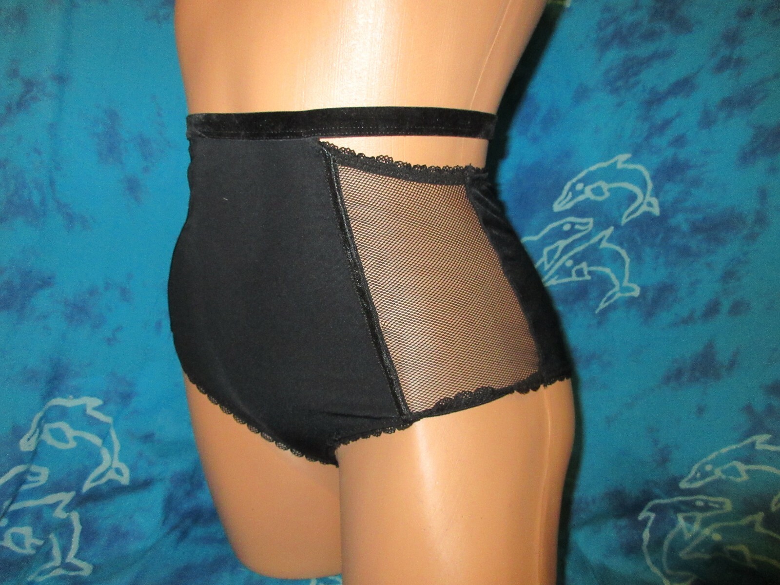 nwot French Affair High Waisted Peek a Boo Fishnet Velvet belted Brief Panties S
