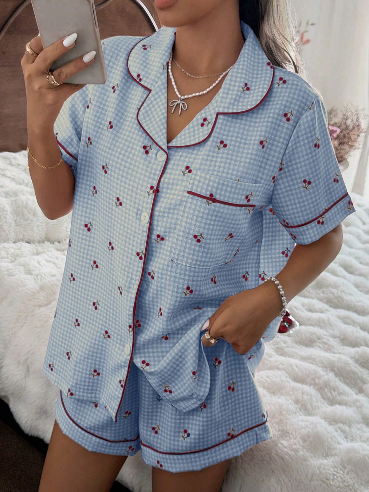Pink Check Cherry Print Shirt Collar Short Sleeve & Shorts Pyjama Set For Cheap24