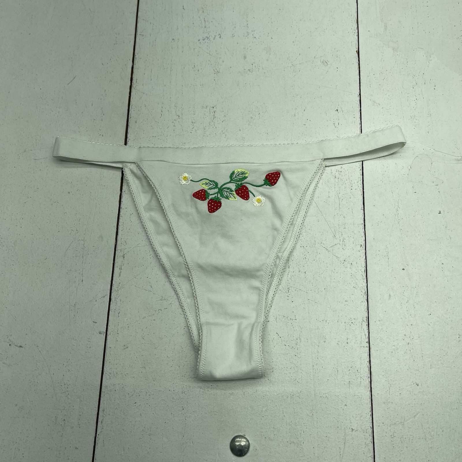 Anthropologie White Strawberry Embroidered Thong Underwear Womens Size Large
