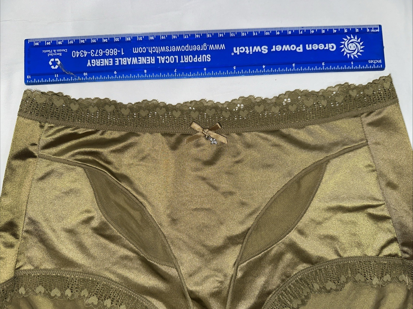 ~Shiny Large Olive with Gem Nylon Lace Blended Panties W/Bow and Gem New Size L