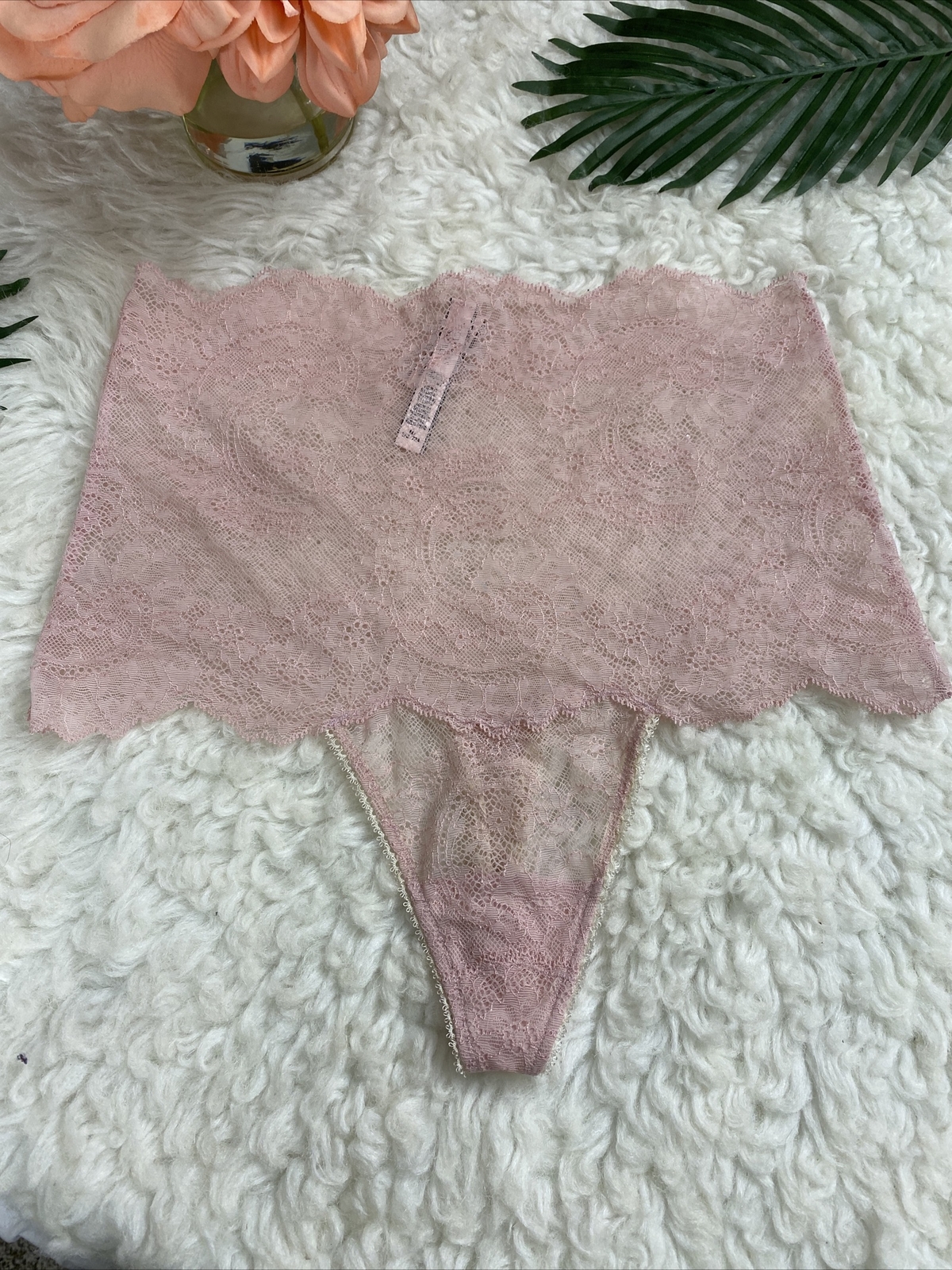 Victorias Secret Sexy Sheer Floral Lace High ~ Waist Thong Panty PURPLE L