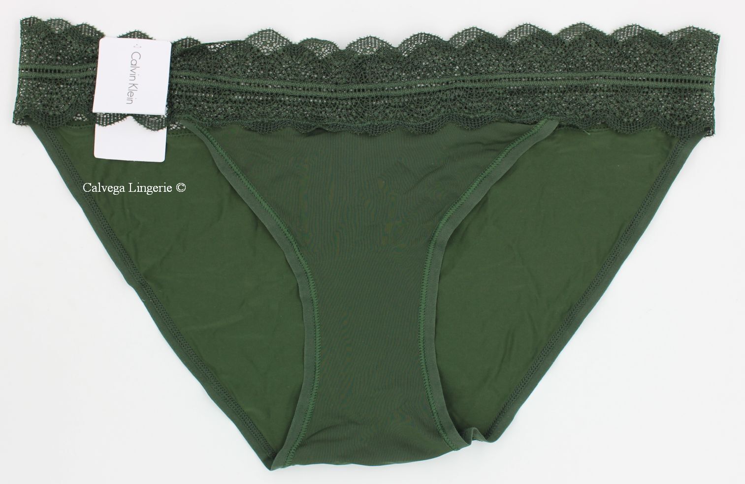 NWT Calvin Klein QD3780 “Micro” Low-rise Microfiber with Lace Bikini, Dark Green