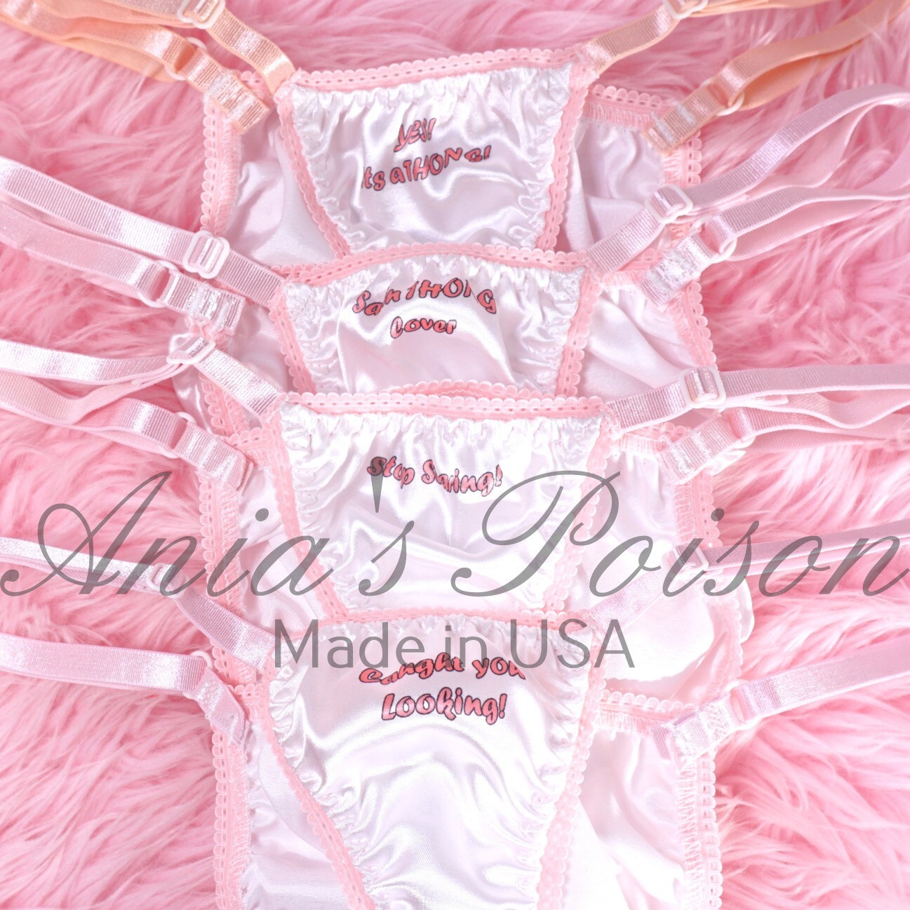 SATIN Humiliation T back Sissy Whale Tail thongs Peekaboo text! Custom available