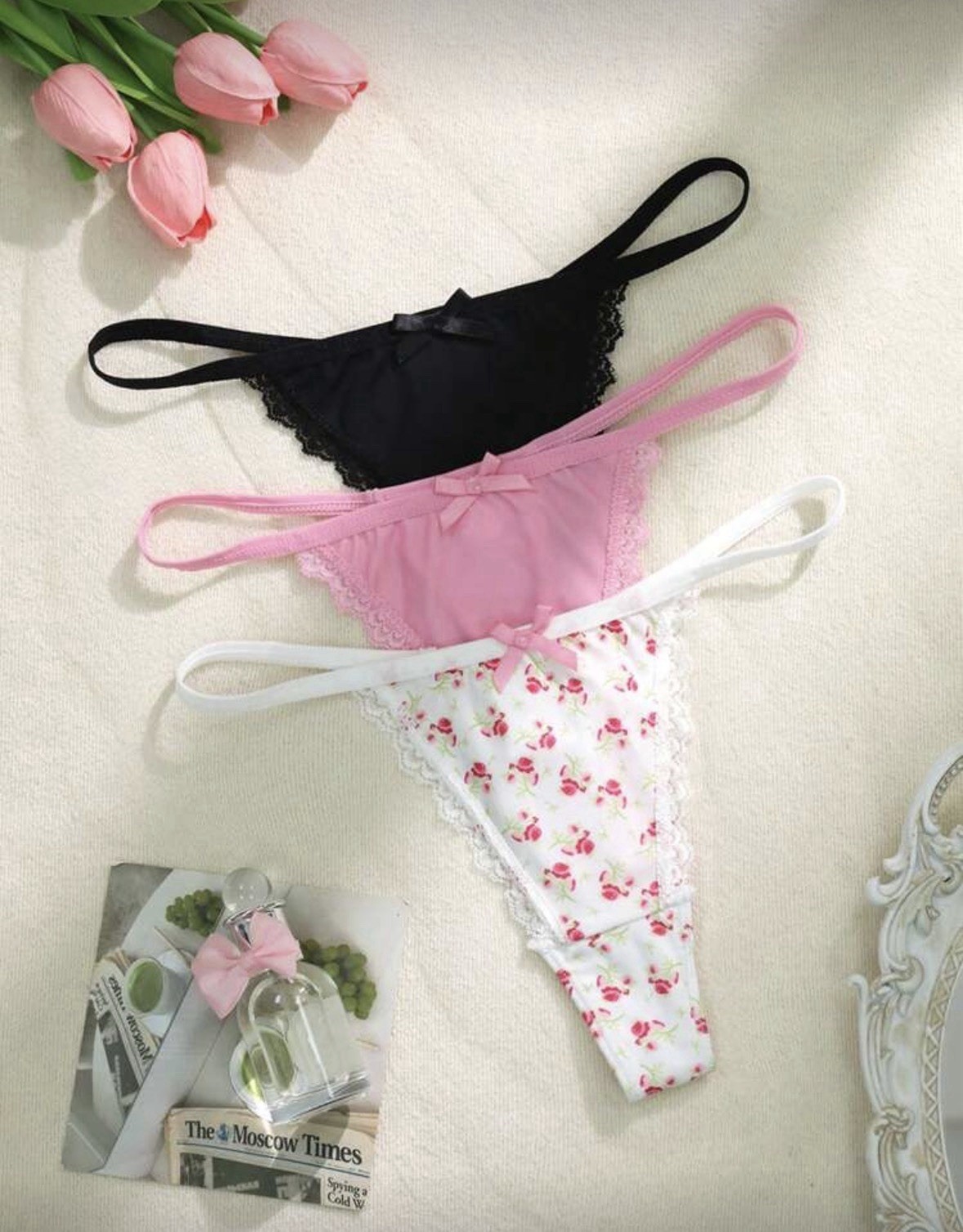 SHEIN 3pcs/Set Women’s Lace Patchwork Floral Thong Panties 6/M