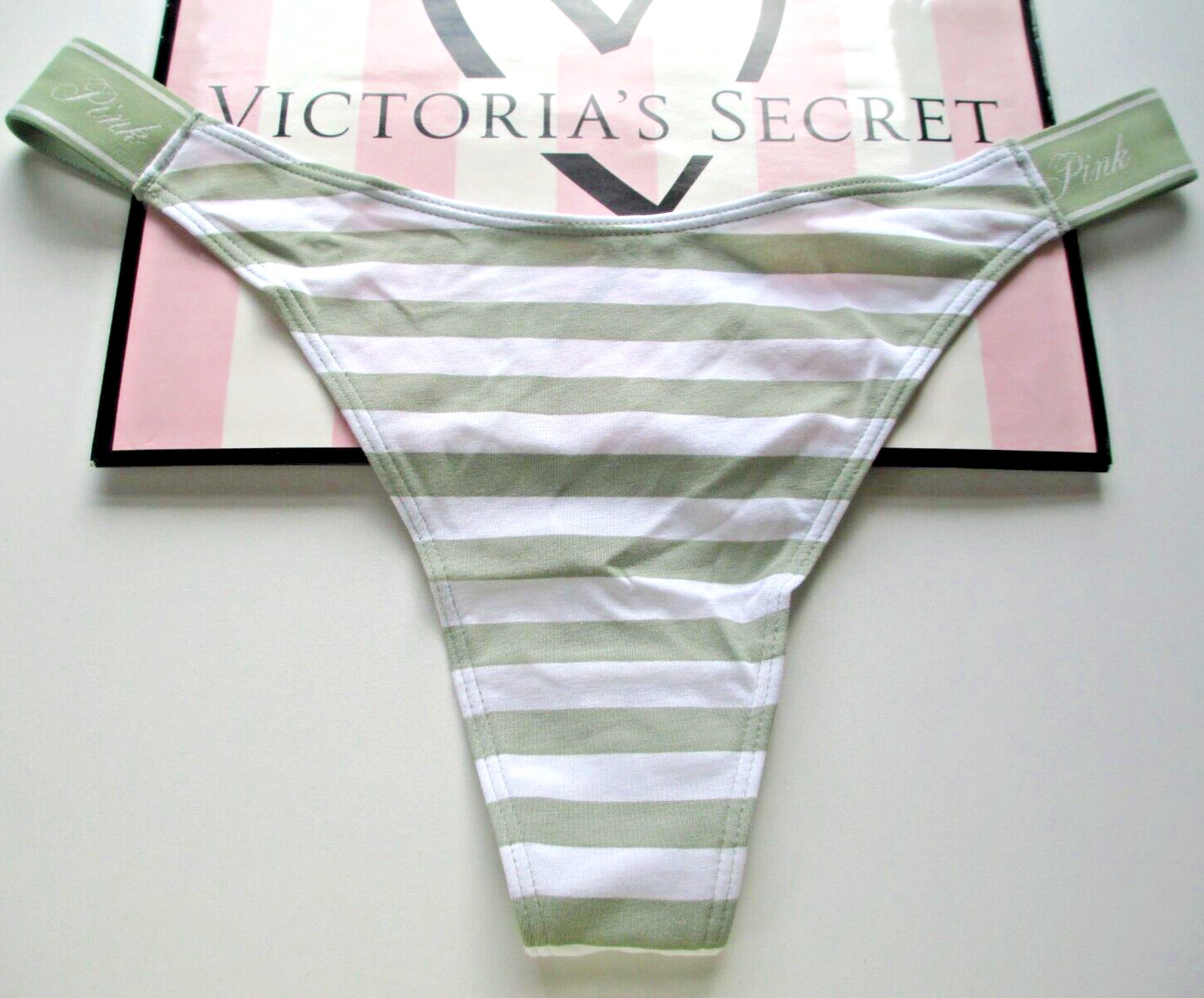 VICTORIA’S SECRET PINK Cotton Logo High Leg Thong Panty S M XL Green Stripe NWT