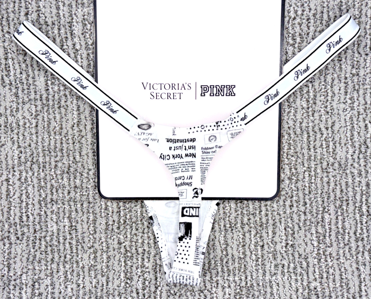 Victoria’s Secret PINK NWT Medium White Newspaper Micro Thong Panty Spellout
