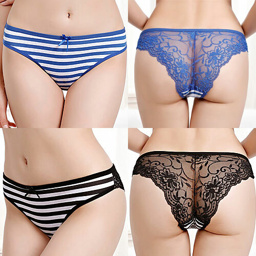 Cotton Lace Striped Knickers Briefs Bikini Brazilian Panties Gusset High Leg S