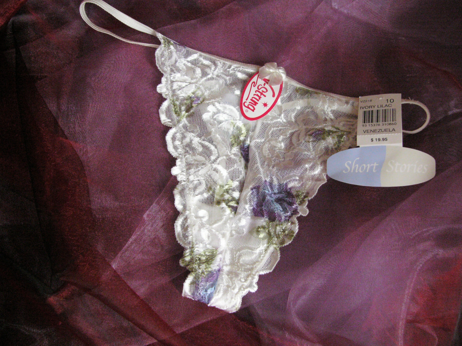 Short Stories purple floral pattern white ivory lace G-STRING knickers Size 10 M