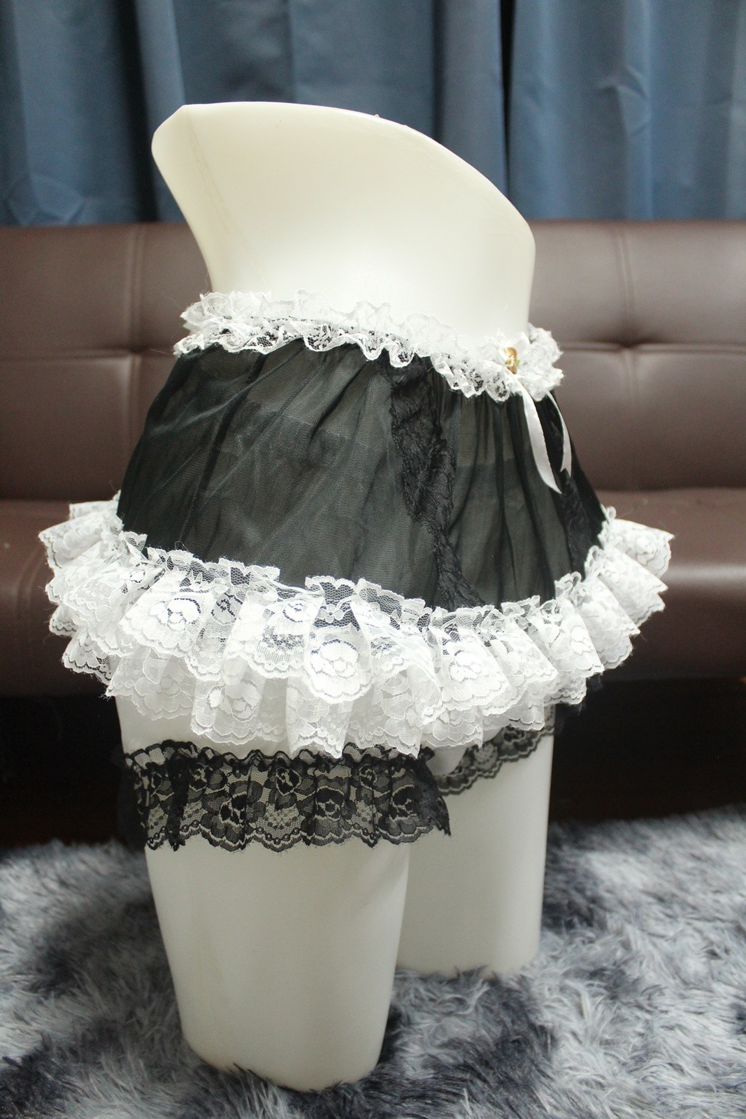 #A329 2XL/ElasticW.24-42″ Vintage Style 2PCS Black Nylon Half Slip + White Brief