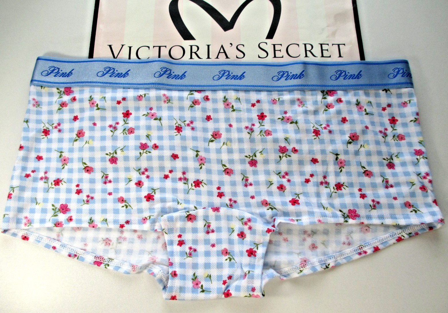 VICTORIA’S SECRET PINK Cotton Boyshort Panty S M L XL Blue Gingham NWT Logo Band