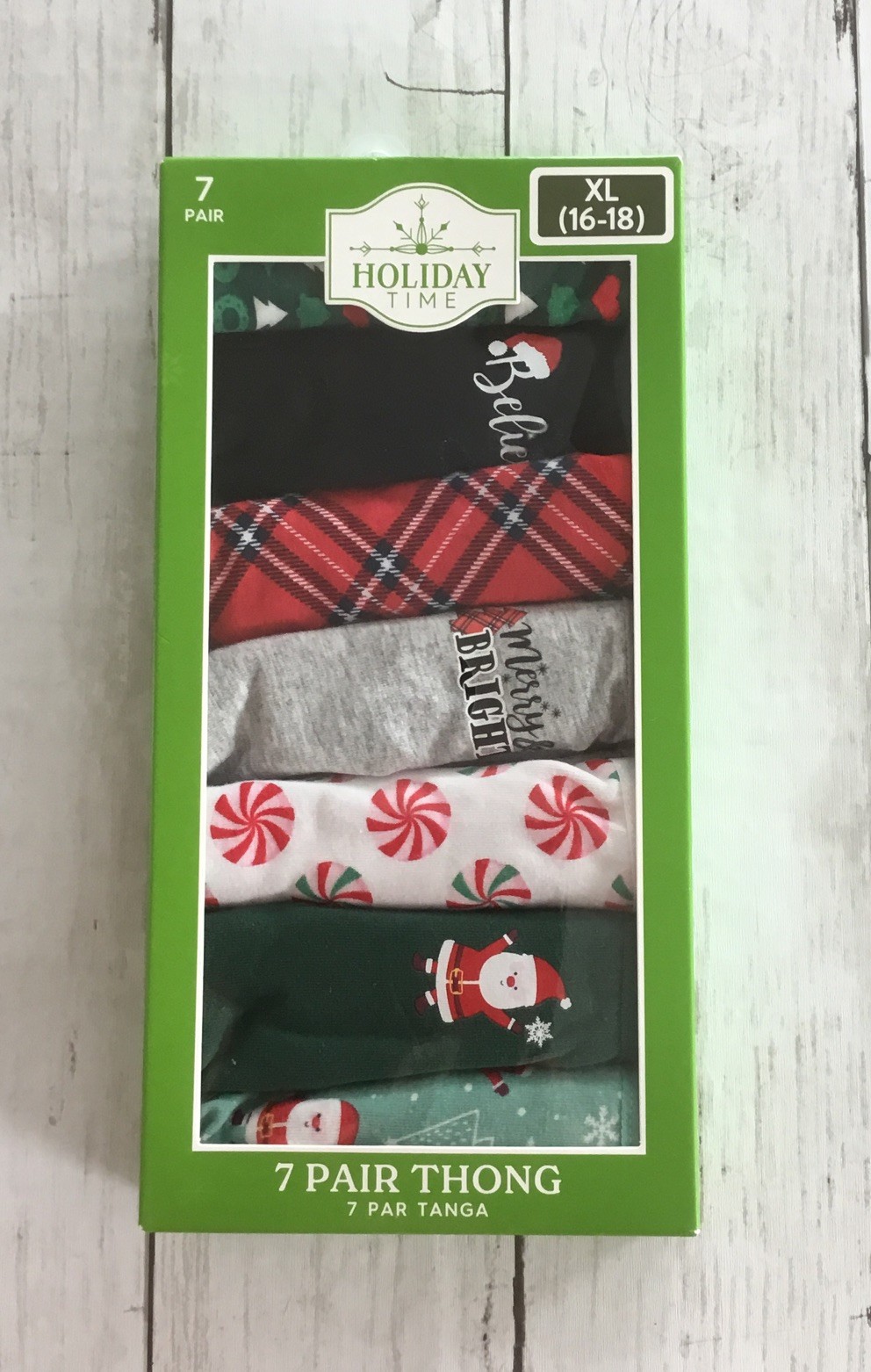 Holiday Time Women’s Christmas Thongs Panties 7 Pair Santa Candy XL (16-18)