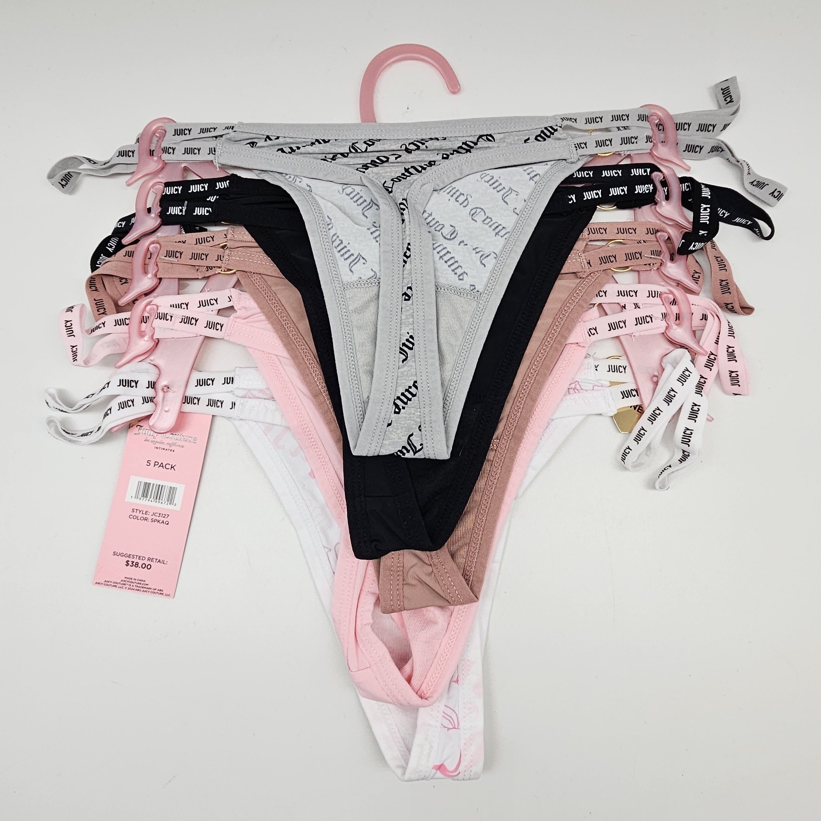 JUICY COUTURE 5 Pack Women M L XL Logo Thong Panties Gray Black Beige Pink White