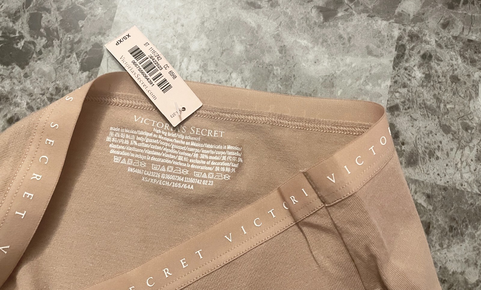 NWT VICTORIA’S SECRET XS BEIGE NUDE WHITE LOGO WAISTBAND HIGH LEG BRIEF PANTIES