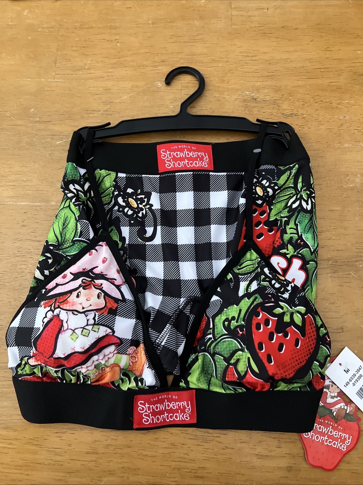 Strawberry Shortcake Bra Panties Set Boy Shorts Cute Black Plaid Red Size M G3
