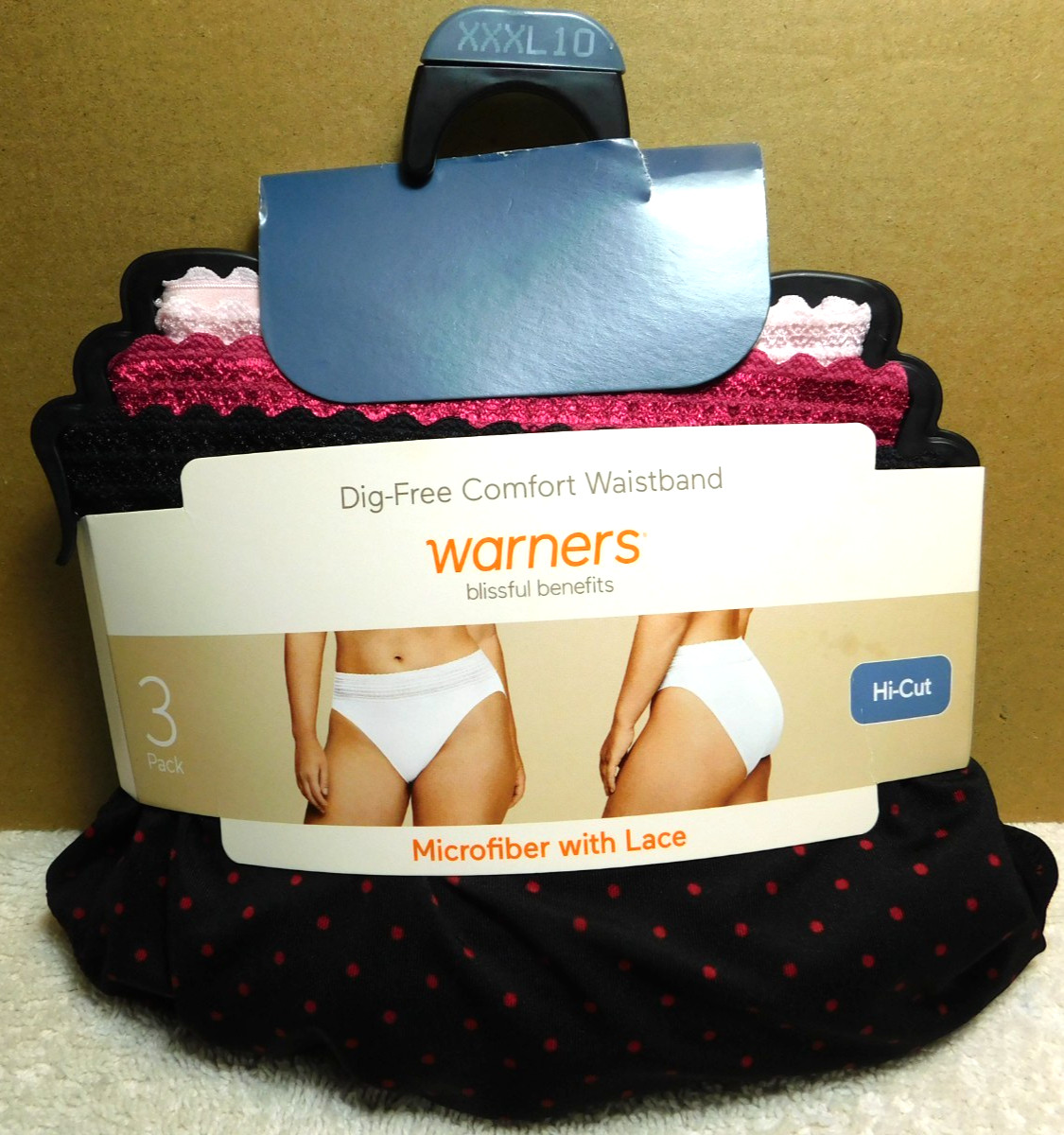 Warners~Dig-Free Comfort Waistband Hi-Cut 3 Pk. Size XXXL 10 Lace Waistband (DG)