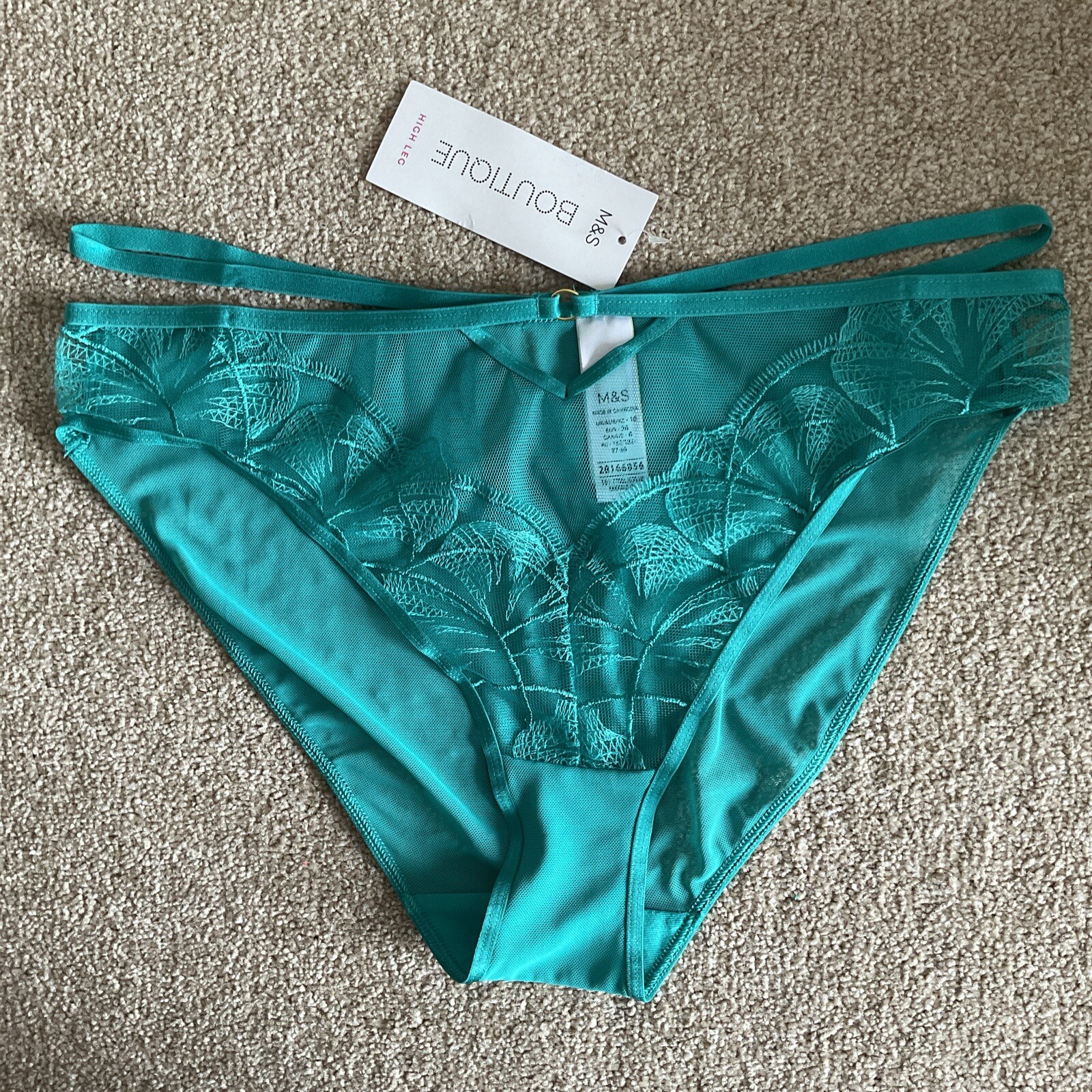 M&S Size 10 Boutique Maya High Leg Knickers See Through Mesh Emerald Green