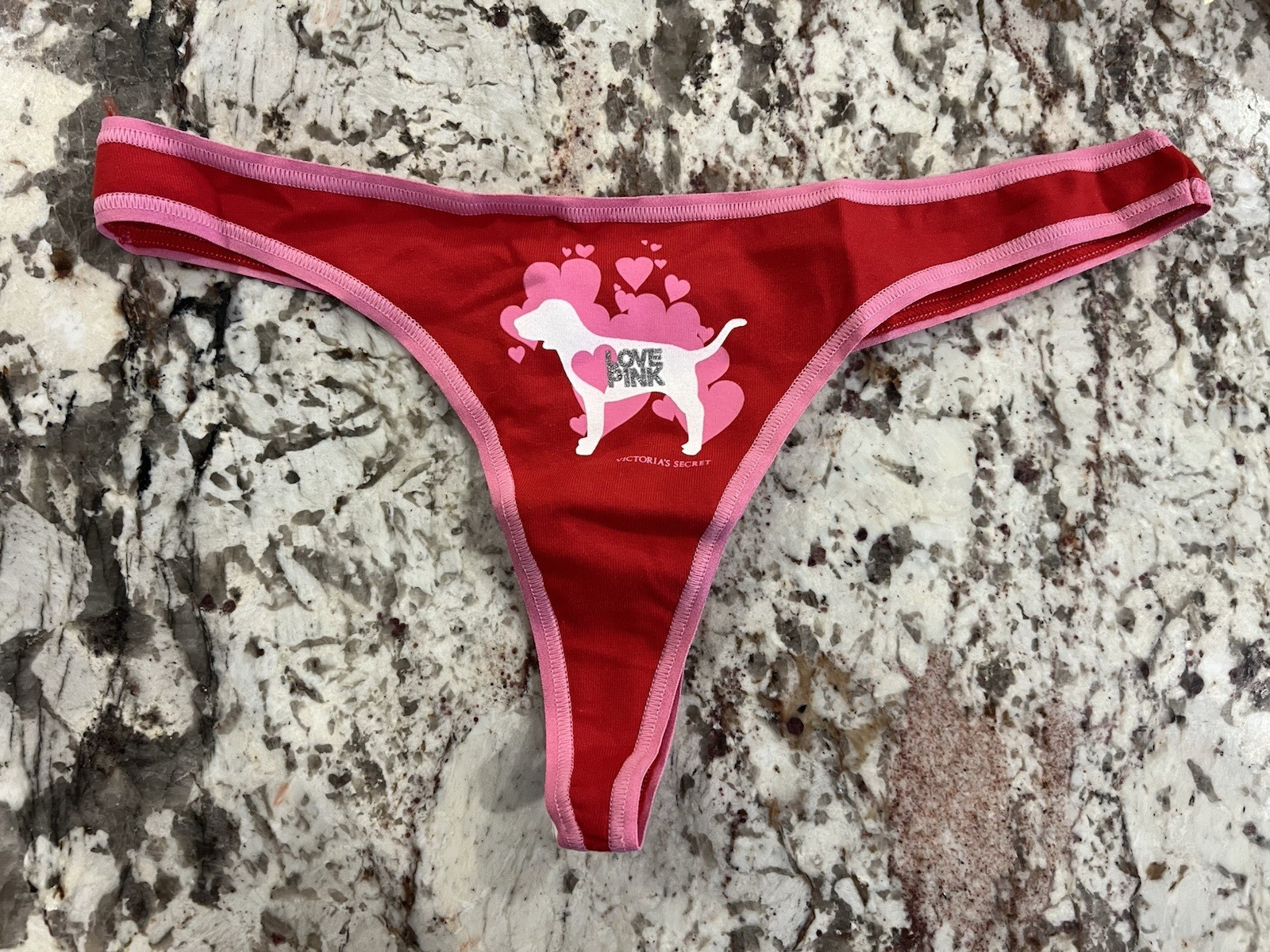 True Vintage Victoria’s Secret PINK Logo Dog Thong Panties Red & Pink Medium
