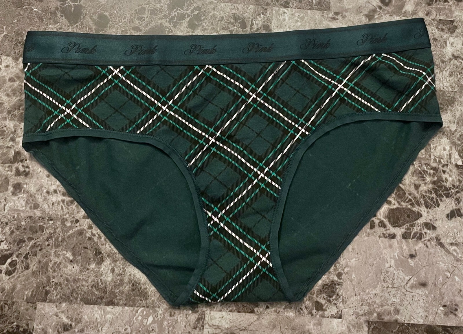 NWT VICTORIA’S SECRET PINK L GREEN PLAID LOGO THICK WAISTBAND HIPHUGGER PANTIES
