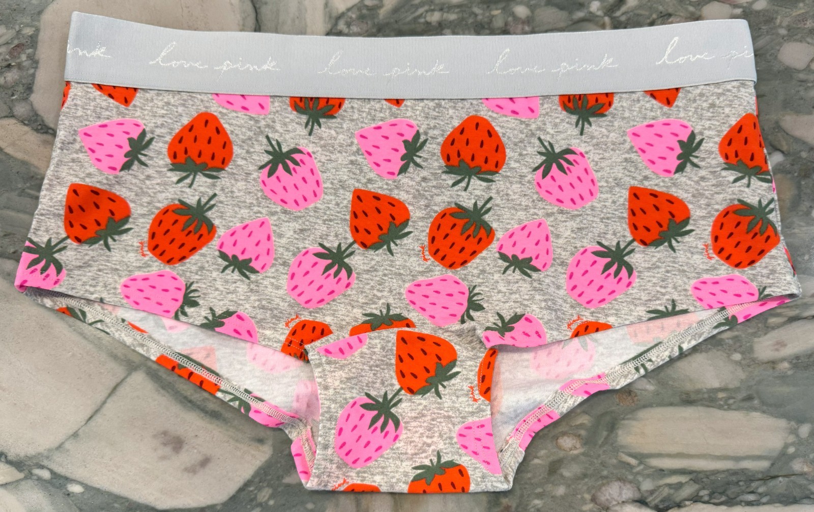 NEW Victoria Secret PINK Cotton Logo Boyshort – Heather Gray Strawberries – XL