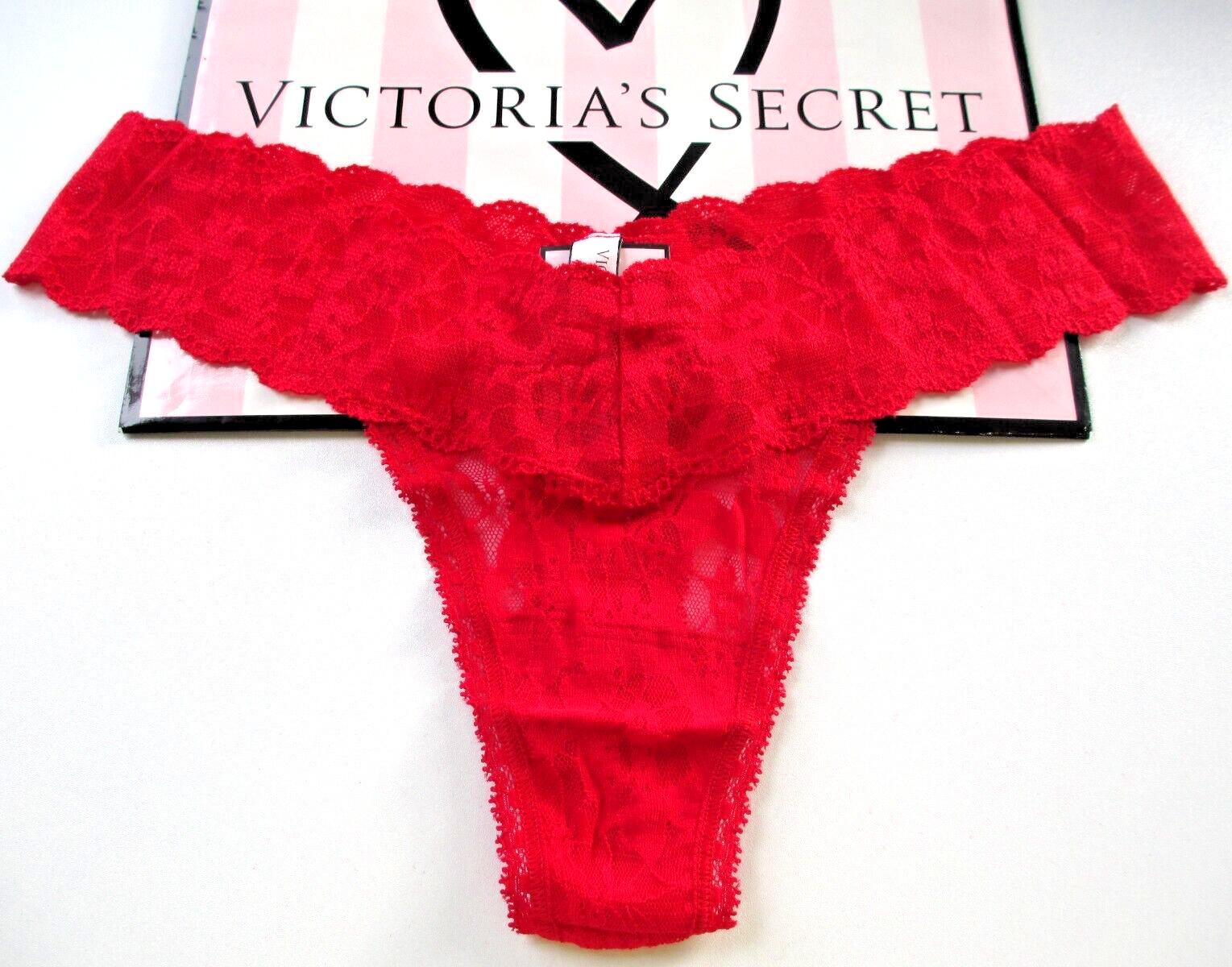 VICTORIA’S SECRET One Size Perfect Stretchy Thong Panty VS Red Lace -Fits M L XL